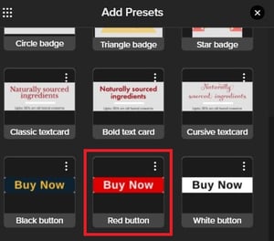 Presets collection panel to choose red button CTA